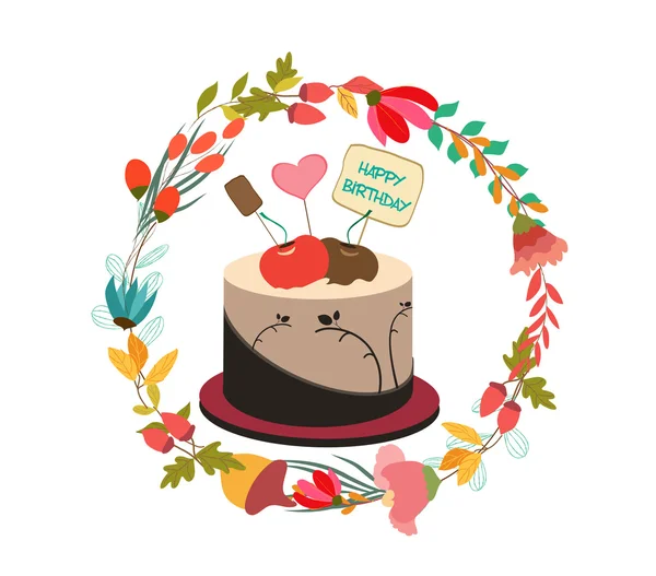 Zadowolony urodziny ciastko i kwieciste — Wektor stockowy