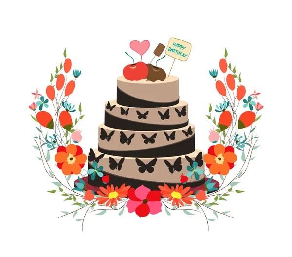 Feliz cumpleaños cupcake y florals — Vector de stock