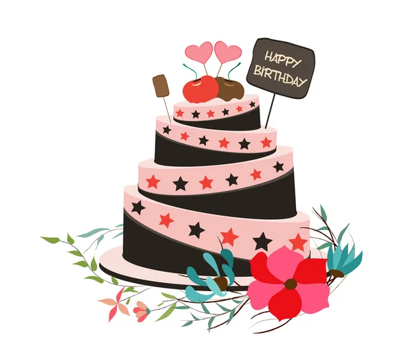 Bon anniversaire cupcake et fleurs — Image vectorielle