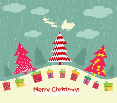 neşeli Noel kartı Noel ağaçları ve hediye