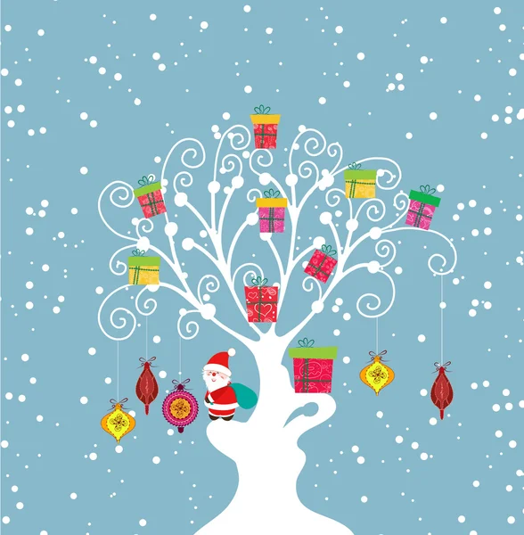 Fundo de Natal com Papai Noel e presente na árvore — Vetor de Stock