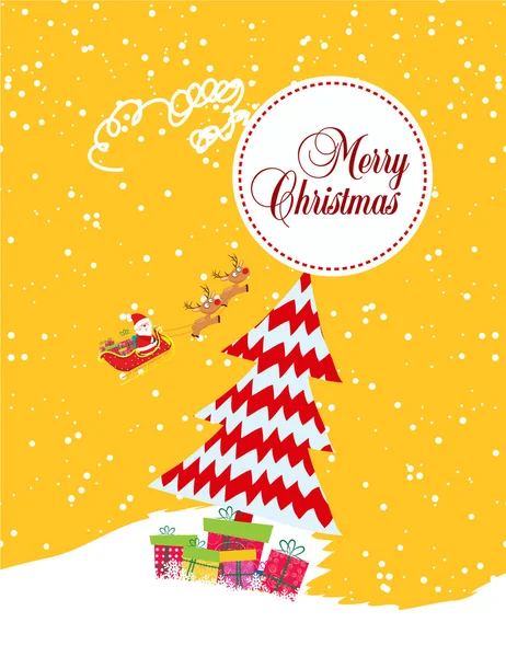 Veselé vánoční přání s santa claus, dárky a vánoční stromeček — Stockový vektor