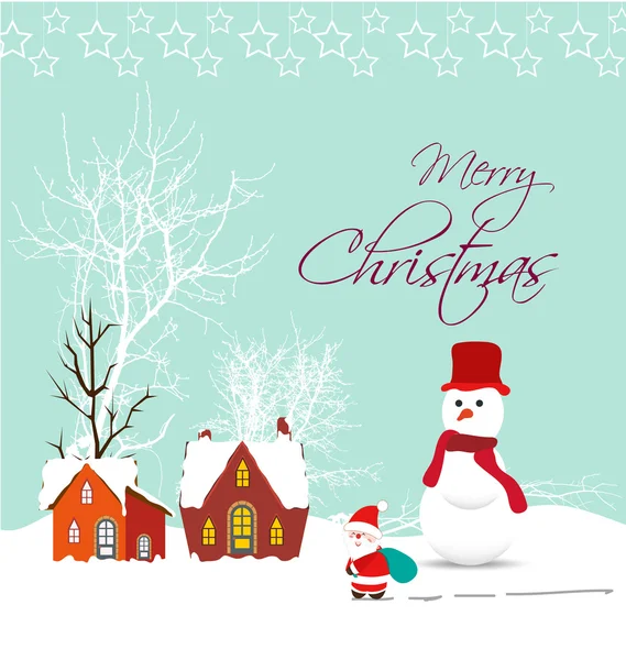 Merry christmas card with santa claus, snowman and christmas house — Stock Vector