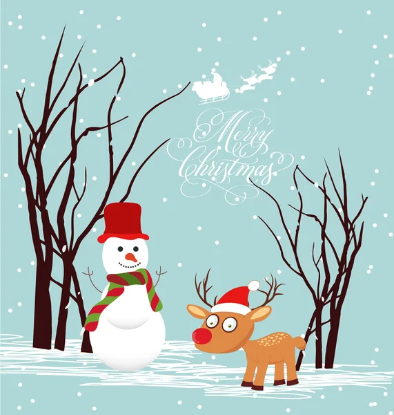 Merry christmas card with snowmans and deer — Stock Vector