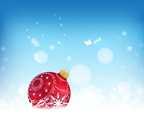 Kerstmis achtergrond met rood bauble, sneeuw en sneeuwvlokken — Stockvector