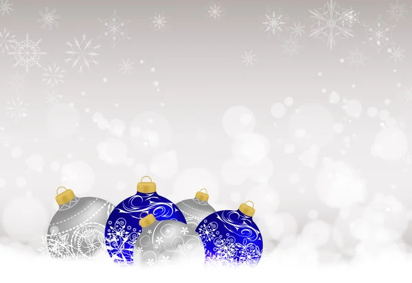 Karácsonyi háttér piros csecsebecse, hó és hópelyhek — Stock Vector