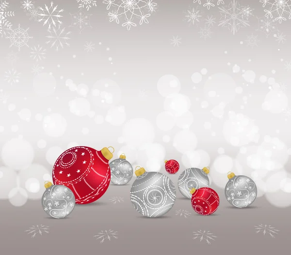 与红色摆设、 雪和雪花圣诞背景 — 图库矢量图片
