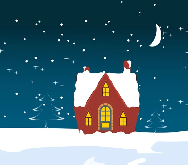 Feliz Navidad con luz de casa y árbol — Vector de stock