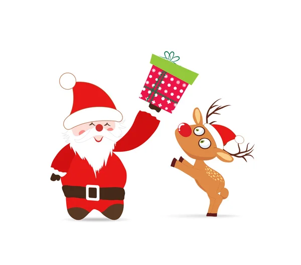 Santa Claus y ciervos, tarjeta de felicitación de regalo — Vector de stock