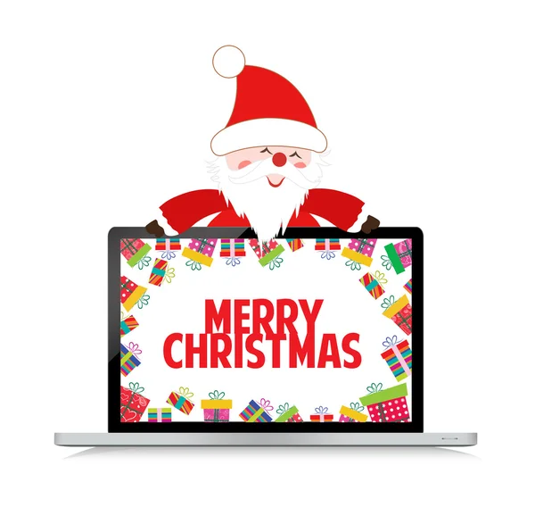 Natale con Babbo Natale e regalo sul computer portatile — Vettoriale Stock