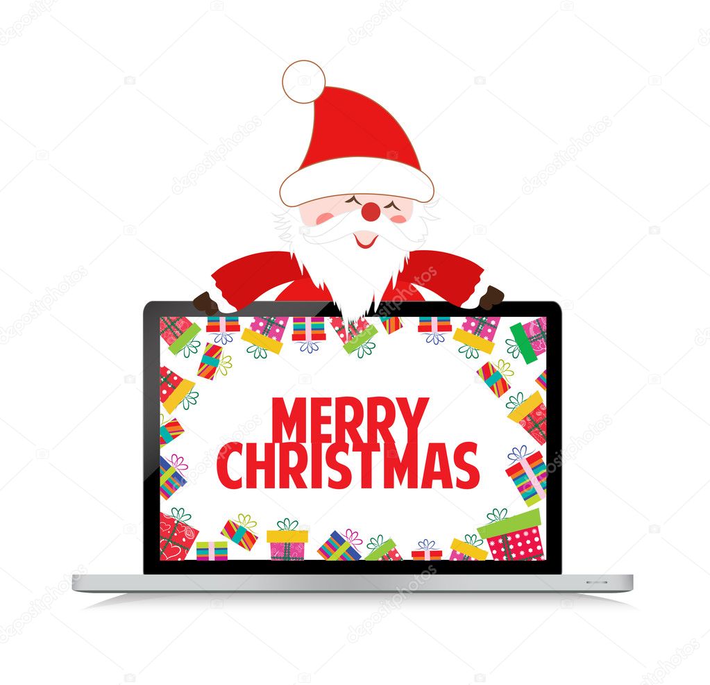 Christmas with santa claus and gift on laptop