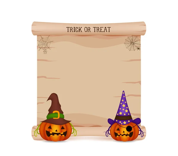 Pompoen en perkament ondertekenen halloween — Stockvector