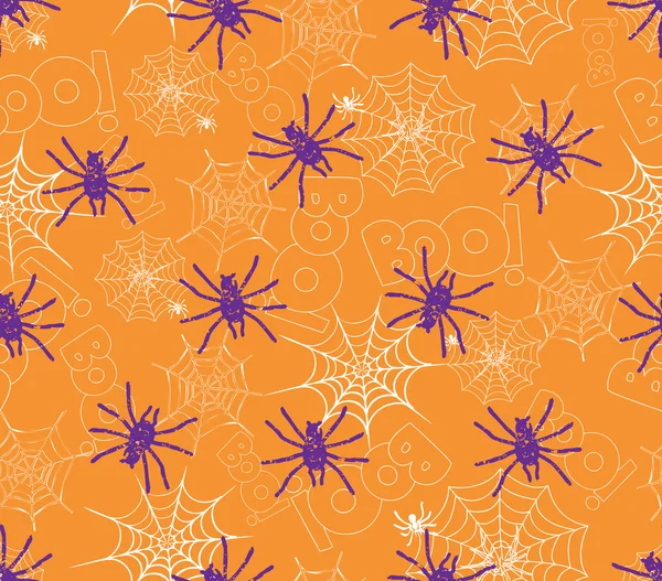 オレンジの網のシームレスなパターンの上に蜘蛛 — ストックベクタ
