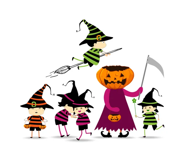 Halloween-Kinder tricksen oder behandeln im Halloween-Kostüm — Stockvektor