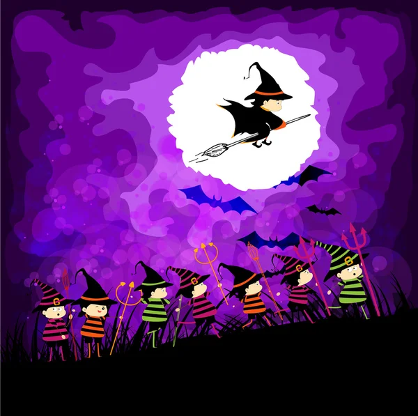 Fiesta de Halloween para niños bajo la luna — Archivo Imágenes Vectoriales