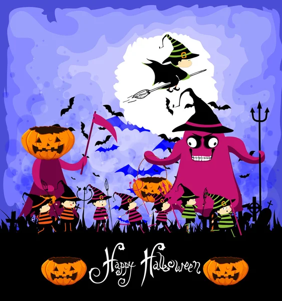 Feliz Halloween con los niños truco o trato — Vector de stock