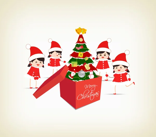 Juletræ gaveæsker og børn lykønskningskort – Stock-vektor