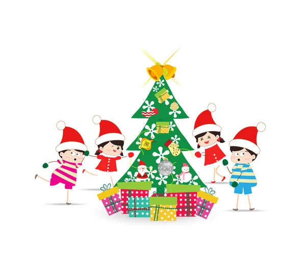 Happy Kids Decorating A Christmas Tree — Stock Vector