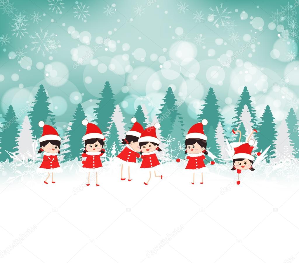 Baby girls on Winter forest background