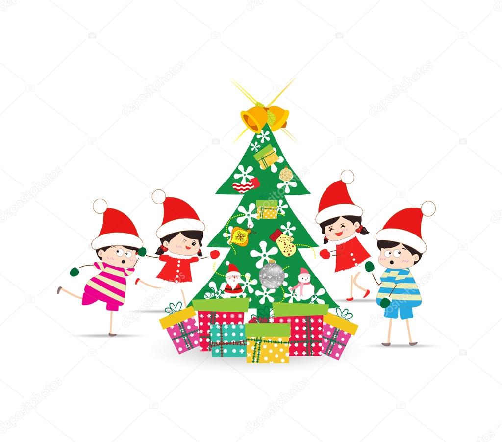 Happy Kids Decorating A Christmas Tree