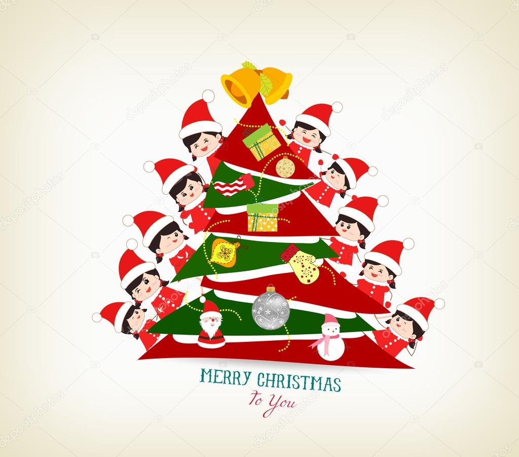 Bambini che fa capolino tro l albero di Natale — Vettoriale Stock