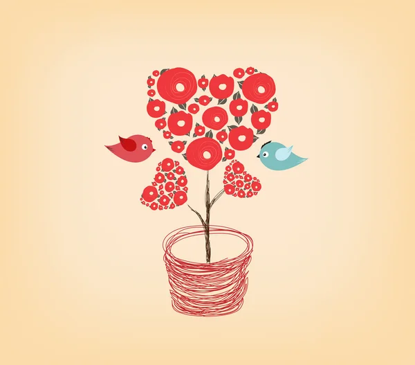 Valentine 's Day Tree corazón rosa y pájaros enamorados — Vector de stock