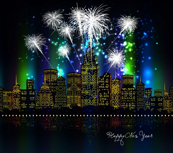 Счастливый Новый год с фейерверком город ночью — стоковый вектор