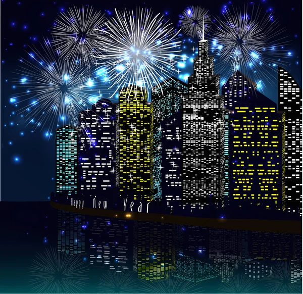 Счастливый Новый год с фейерверком город ночью — стоковый вектор