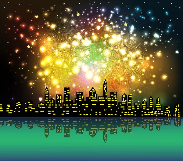 Feliz ano novo com fogos de artifício da cidade à noite — Vetor de Stock