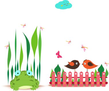 Bahar çift kuş ve kurbağa ile çit