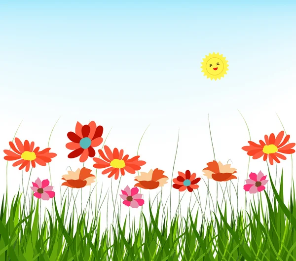 Spring met gras en blauwe hemelachtergrond — Stockvector