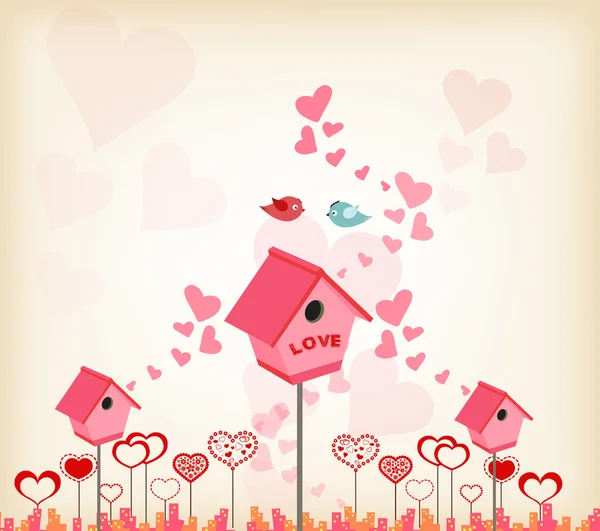 Valentines day background with lovely birdhouse — Stock Vector