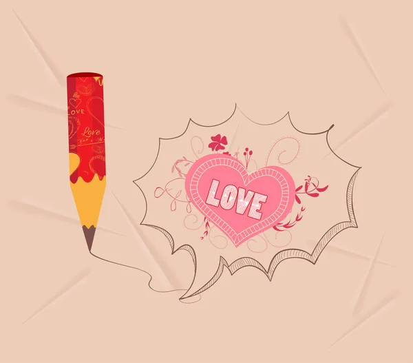 Valentines with pencil drawing love heart bubble card — Stock Vector