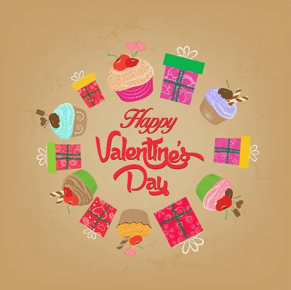 Vintage valentines day cupcakes and gifts — Stock Vector