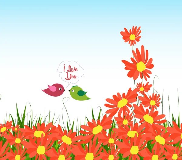 Willkommen im Frühling mit Sonnenblumen und Vogelpaar — Stockvektor