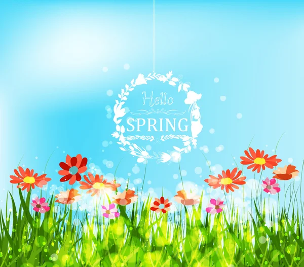 Hej våren bakgrund med solrosor hälsning — Stock vektor