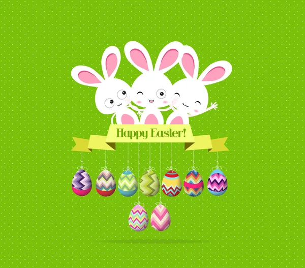 Huevos de Pascua y tarjeta de felicitación de conejo — Vector de stock