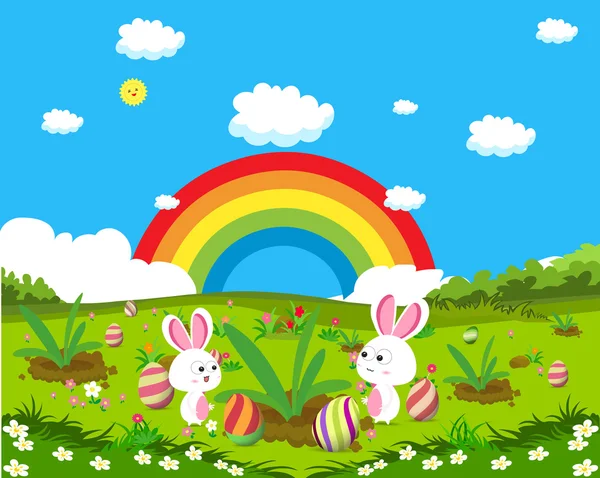 Пасхальные яйца и весенняя свежая трава и кролик — стоковый вектор