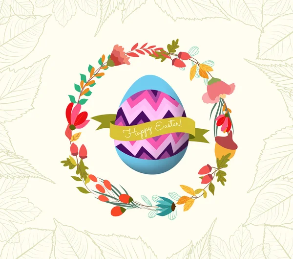 Boldog húsvéti tojás és a koszorú virág üdvözlőlap — Stock Vector