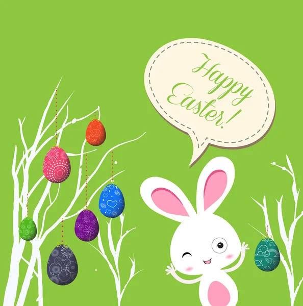 Поздравительная открытка с пасхальными яйцами и зайчиком — стоковый вектор