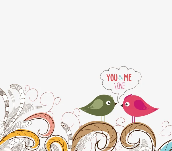 Couple d'oiseaux mignons, conception florale doodle — Image vectorielle