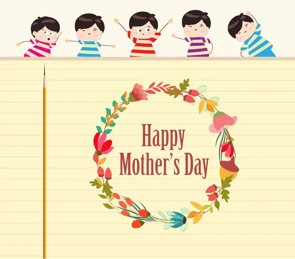 Szczęśliwy dzień matki z wieniec i dzieci — Wektor stockowy