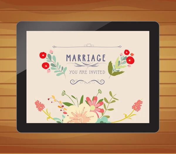 Convite de casamento com floral no tablet — Vetor de Stock