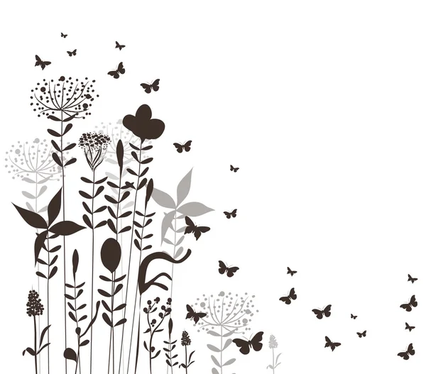 Силуэт цветков и бабочек — стоковый вектор