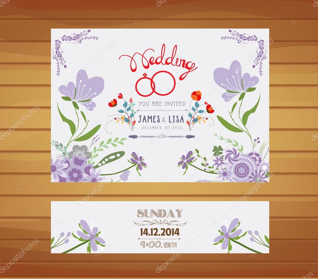 Wedding invitation with purple floral design template