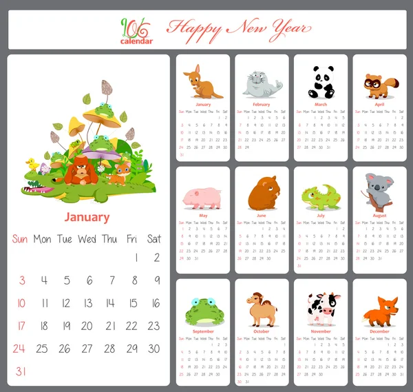 Календарь с животными мультфильмов — стоковый вектор