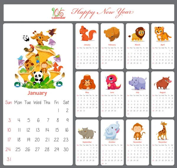 Calendário com animais de desenhos animados — Vetor de Stock