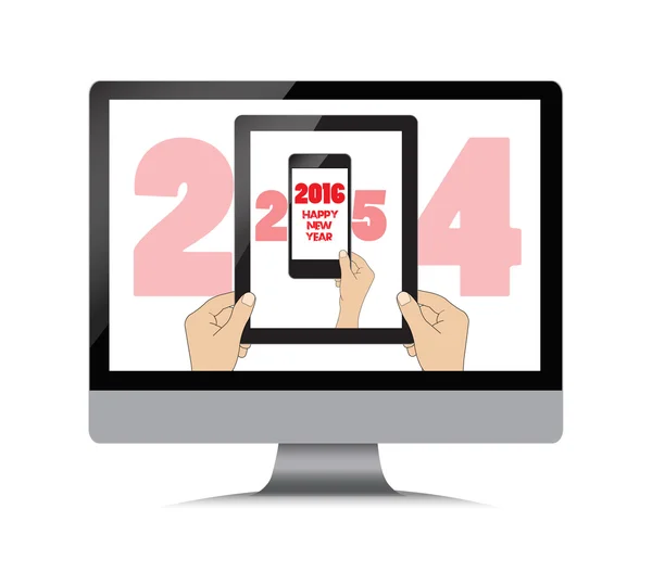 New year 2016, man hand holding the phone tablet — Stock Vector