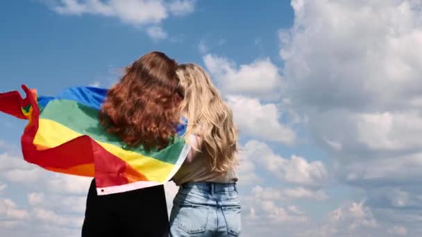 Lesbians from the back hold an LGBT flag — Stockvideo