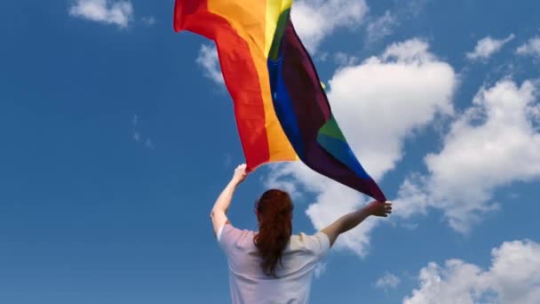 Mulher de trás detém uma bandeira LGBT — Vídeo de Stock